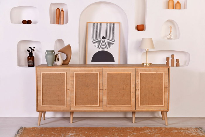 Hanah Home Consola de Roble con Patas de Metal y Tejido de Yute, 180x81x41 cm